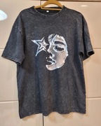 koszulka oversize czarna sprana z nadrukiem twarzy i gwiazdy M