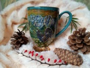 Piękny pejzaż górski z tańczącym Głuszcem kubek 400 ml. Miłośnicy gór