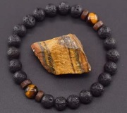 Bransoletka męska z kamieni naturalnych lawa wulkaniczna, tygrysie oko 