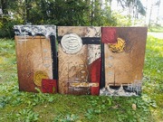 Obraz olej tryptyk 51x30cm abstrakcja złoto, srebro, beż