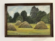 Rustykalny obraz olejny wiejski 40 x 30 vintage PRL rama drewniana