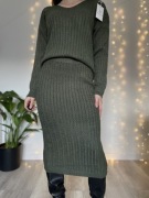 Oliwkowy zestaw komplet sweterek i spódniczka obcisła elastyczna zima L