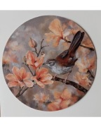 Ręcznie malowany obraz olejny na panelu, tondo śr.30cm PTAKI KWIATY NATURA 
