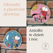 Zestaw 2 obrazków na plastrach drewna "Aniołki dzień i noc", z haczykiem