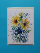 Kartka ręcznie malowana z żółto - niebieskimi  kwiatami 