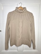 Unikatowy gruby beżowy sweter z golfem wełna merino wool L/XL vintage