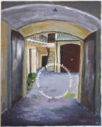 Mielec brama podwórko kamienicy Dębickich, obraz olejny, płótno 42x54 cm