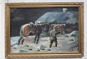 Obraz olejny na płycie, scena zimowa, sygnowany, rama