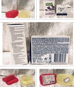 2 pojemniki turystyczne na mydło, mydło Dove i mydło Alterra 