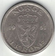 Norwegia 1 korona krone 1951 - 25 mm - nowy typ - nr 2