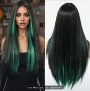 Peruka Damska Długa Prosta – Czerń z Zielonym Ombre, Styl Fantasy 