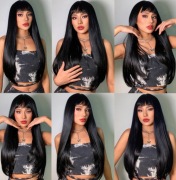 Piękna peruka, czarna z grzywką, naturalny efekt