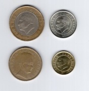 1 lira 2009, 100000 lir 1999, 25 kuruszy 2018, 5 kuruszy 2015 Turcja 4szt