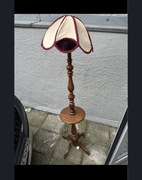 Lampa stojąca drewniana PRL Vintage handmade ze stolikiem klosz retro