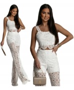 BOHO KOMPLET RÓŻ SPODNIE TOP GIPIURA KORONKA