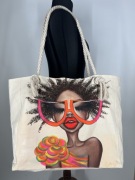 Duża bezowa płócienna torba plażowa shopperka kobieta ręcznie malowana