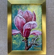 Kwiaty wiosenne mały obraz w złotej ramie.