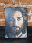 Ikona Obraz na Desce Jezus Niebieskie Oczy Realistyczny Portret na Drewnie