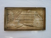 Obraz glina ceramiczna "Góralska chata" retro, PRL