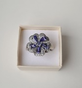 Srebrny pierścionek z tanzanitami i diamentami rozmiar 14