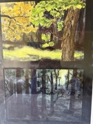 Duży Obraz Unikatowy Pejzaż Leśny Technika Akwarela na Papierze Rękodzieło