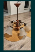 Żyrandol 5-ramienny lampa wisząca drewno+metal, klosze jak kwiaty