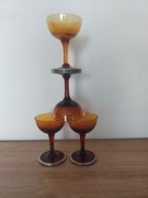Kieliszki koniakówki Art Deco szkło miodowe w okuciu zestaw 4szt