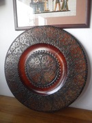 CEPELIA olbrzymi talerz drewniany zdobiony miedzią ?  średnica 49 cm UNIKAT