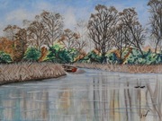 Jezioro,odbicia,akwarela,niebiesko-zielony