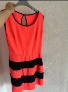 Sukienka Neonowa Koralowa w Pasy | Rozkloszowana | Nowa bez metki