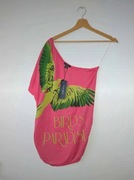 Nowa różowa bluzka tunika asymetryczna nadruk papuga wiskoza Amisu M