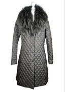 Puchowy, pikowany płaszcz Cerutti z kołnierzem z futra jenota, L (40)