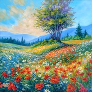 obraz olejny łąka "DROGA PRZEZ WIOSNĘ" 50x50cm