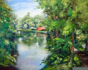 Obraz Park Jezioro Wilanów Mostek 100x80 Ręcznie Malowany na Płótnie