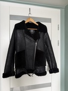 Kożuch naturalny kurtka skórzana czarna ZARA S damski