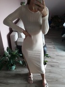 Długa beżowa sukienka maxi sweterkowa prążkowana S na jesień długi rękaw