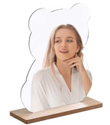 Lustro dekoracyjne w kształcie misia na drewnianej podstawie