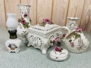 Zestaw stara ażurowa porcelana Polska godło Lampa Naftowa