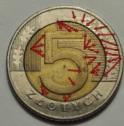 5 zł 2009, destrukt, laminacja stempla w wielu miejscach