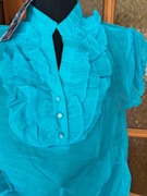 Turkusowa bluzka letnia z falbanami żabotem