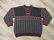 Skandynawski męski sweter szary kolorowe lamówki haftki wełna handmade_ XXL