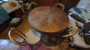 Drewniany stół okrągły rozkładany Art Deco, beczka fi110 krzesła gięte