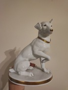Figurka porcelana pies złota kokarda Metzler & Ortloff 1930r Niemcy