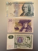 Zestaw banknotów Szwecja 10, 20 i 100 Koron