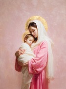 Obraz Matka z Dzieciątkiem 40x60 cm – różowe tło, prezent na chrzest