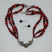 Naszyjnik Kolczyki Uskrzydlone serce, czerwony bordowy duży Handmade