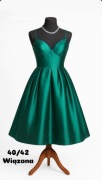 Sukienka Rozkloszowana Satyna Butelkowa Zieleń z  Wiązaniem, R.40/42