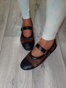 (39) Siateczkowe, czarne baleriny wieczorowe z zapięciem, NOWE 