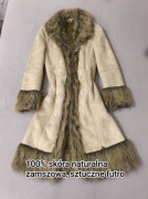 Brązowy skórzany zamszowy płaszcz ze sztucznym futrem vintage góralski