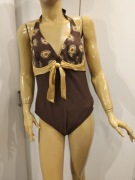 Strój kąpielowy jednoczęściowy L/XL brązowy retro pawie pióra wiązanie